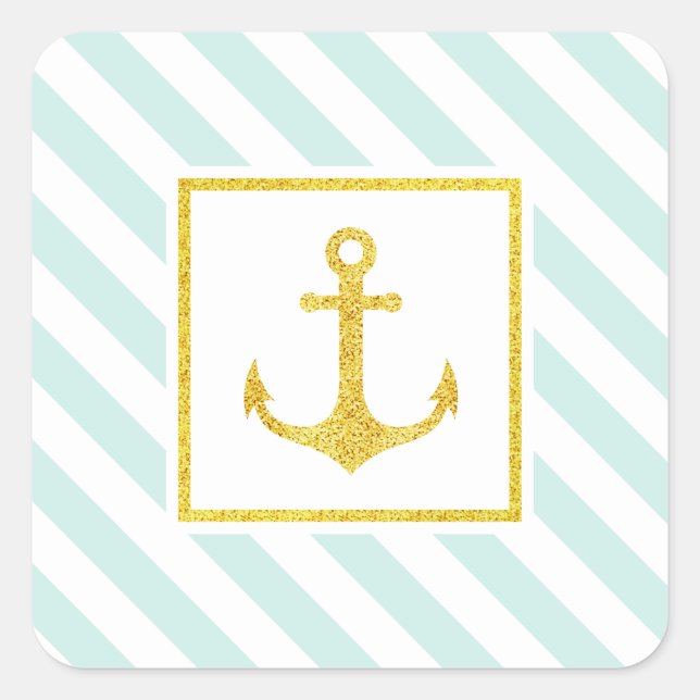 Nautical Mint Stripes Faux Glitter Anchor Square Sticker (Front)