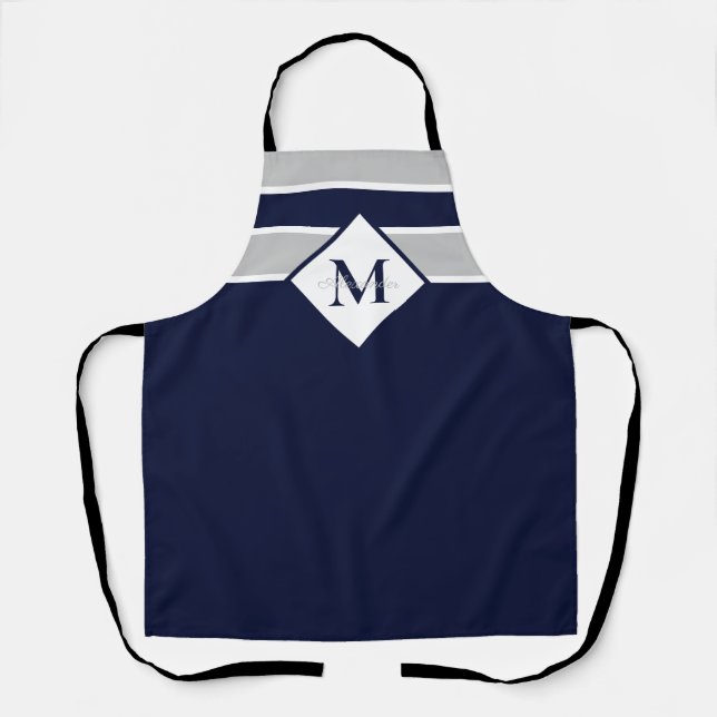 Nautical Modern Navy Blue Grey Monogram   Apron (Front)