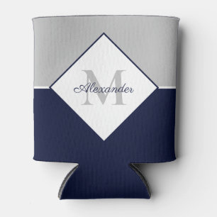 Nautical Modern Navy Blue Grey Monogram Can Cooler