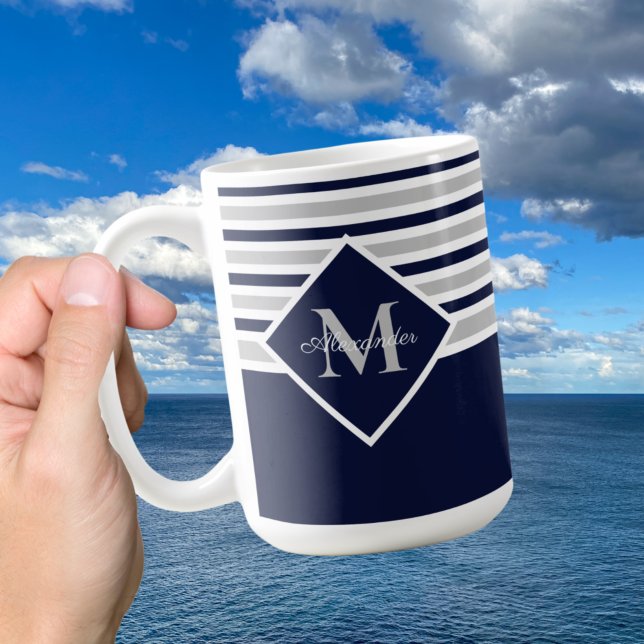 Nautical Modern Navy Blue Grey Monogram  Coffee Mug (Creator Uploaded)