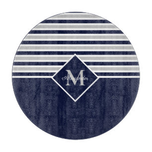 Nautical Modern Navy Blue Grey Monogram Cutting Board