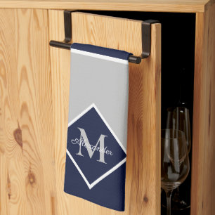 Nautical Modern Navy Blue Grey Monogram   Kitchen  Tea Towel