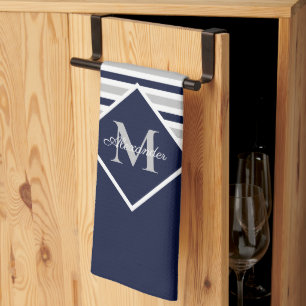 Nautical Modern Navy Blue Grey Monogram Tea Towel