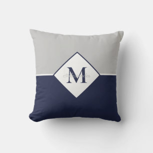 Nautical Modern Navy Blue Grey Monogram  Throw Pil Cushion