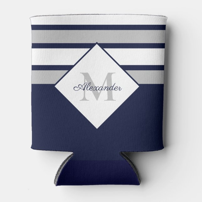 Nautical Modern Navy Blue Grey Stripes Monogram  Can Cooler (Front)