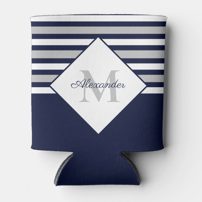 Nautical Modern Navy Blue Grey Stripes Monogram  Can Cooler (Front)