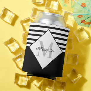 Nautical Modern Navy Blue Grey Stripes Monogram Can Cooler