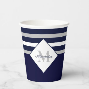 Nautical Modern Navy Blue Grey Stripes Monogram P Paper Cups