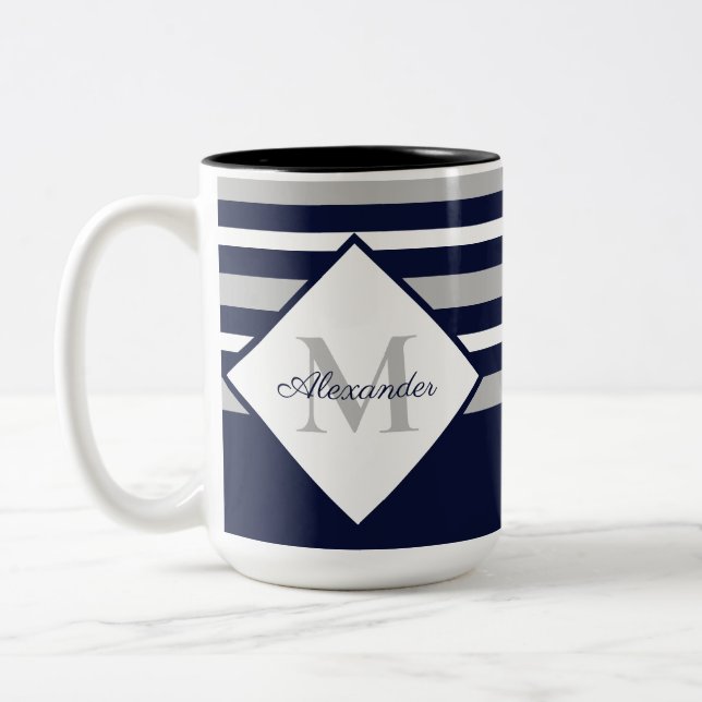 Nautical Modern Navy Blue Grey Stripes Monogram  Two-Tone Coffee Mug (Left)