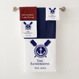 Nautical Modern Navy Blue Monogram Lake House Bath Towel Set