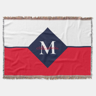 Nautical Modern Navy Blue Red Monogram Doormat Throw Blanket