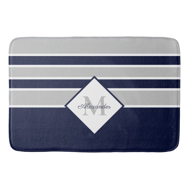 Nautical Modern Navy Grey Monogram  Bath Mat (Front)