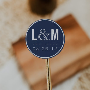 Nautical Modern Navy Wedding Monogram and Date Classic Round Sticker