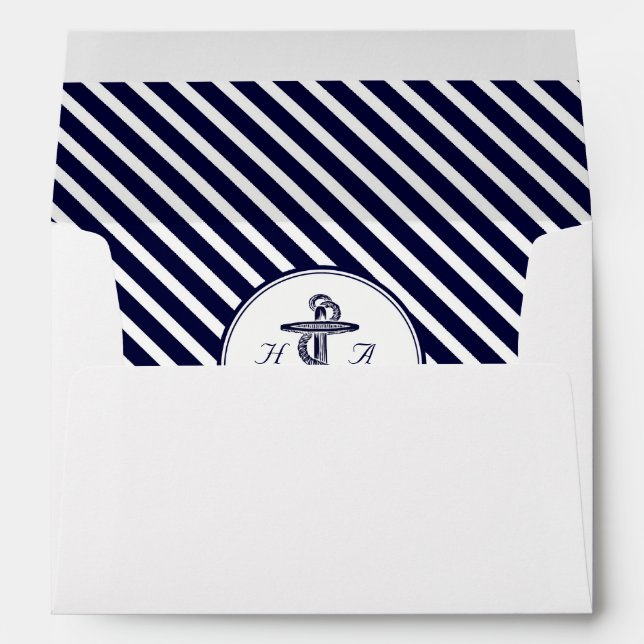 Nautical Monogm Navy Blu Wht Diag Stripe #2 A7 5x7 Envelopes (Back (Bottom))