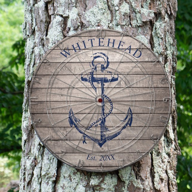 Nautical Monogram Anchor Beige Wood Dartboard (Personalized nautical anchor design. Great for a family reunion, wedding, or family gift.)