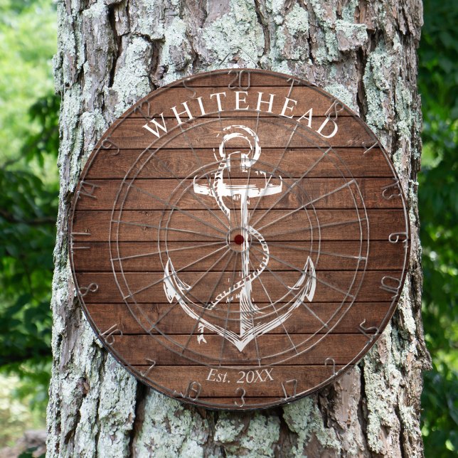 Nautical Monogram Anchor Brown Wood Dartboard (Personalized nautical anchor design. Great for a family reunion, wedding, or family gift.)