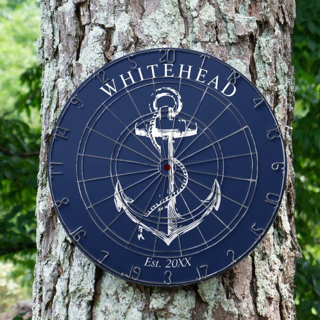 Nautical Monogram Anchor Navy Blue Dartboard (Personalized nautical anchor design. Great for a family reunion, wedding, or family gift.)
