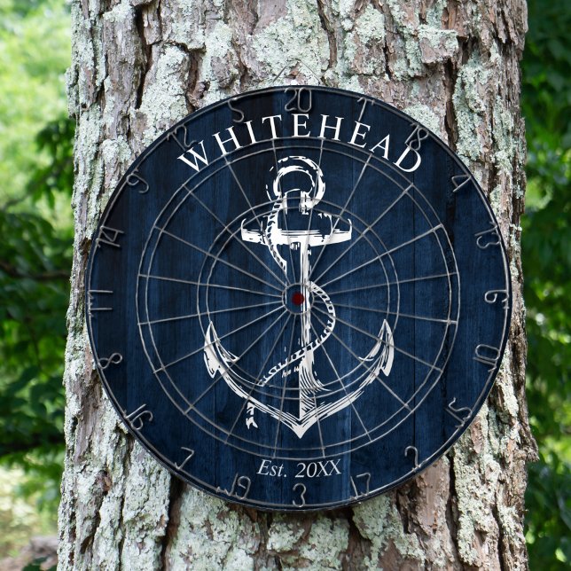 Nautical Monogram Anchor Navy Blue Wood Dartboard (Personalized nautical anchor design. Great for a family reunion, wedding, or family gift.)