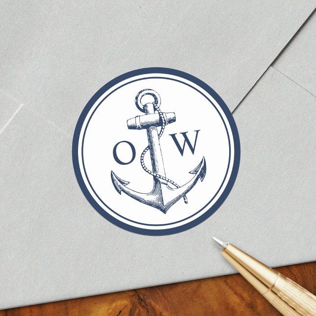 Nautical Monogram Anchor Navy White Classic Round Sticker (Creator Uploaded)