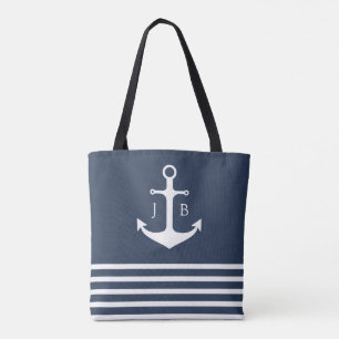 Nautical Monogram Blue White Stripe Anchor Tote Bag