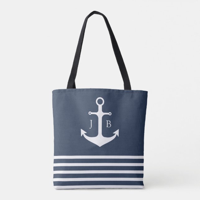 Nautical Monogram | Blue White Stripe Anchor Tote Bag (Back)