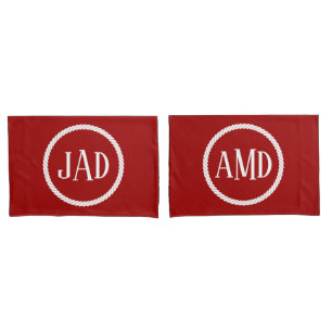 Nautical Monogram Dark Red White Rope Circle Pillowcase