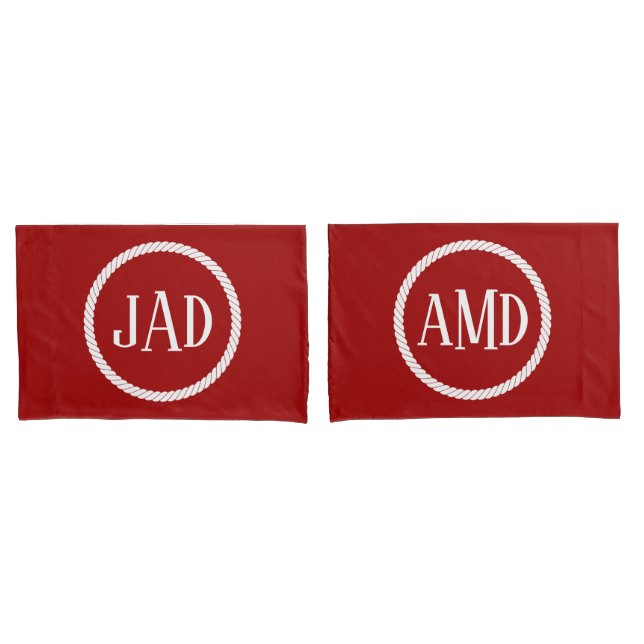 Nautical Monogram Dark Red White Rope Circle Pillowcase (Front-Set)
