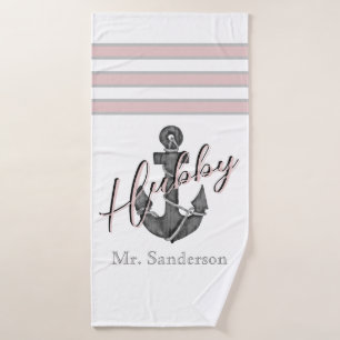 Nautical Monogram Dusty Rose Pink  Floral Anchor Bath Towel