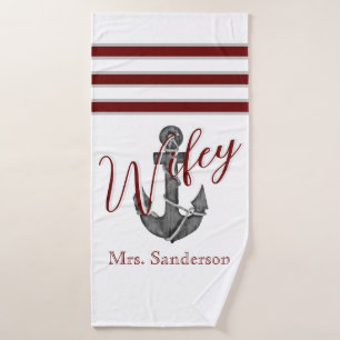 Nautical Monogram Maroon Red Floral Anchor Bath Towel