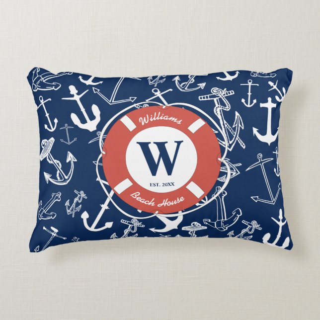 Nautical Monogram Navy Blue Anchor Beach House Decorative Cushion (Front)