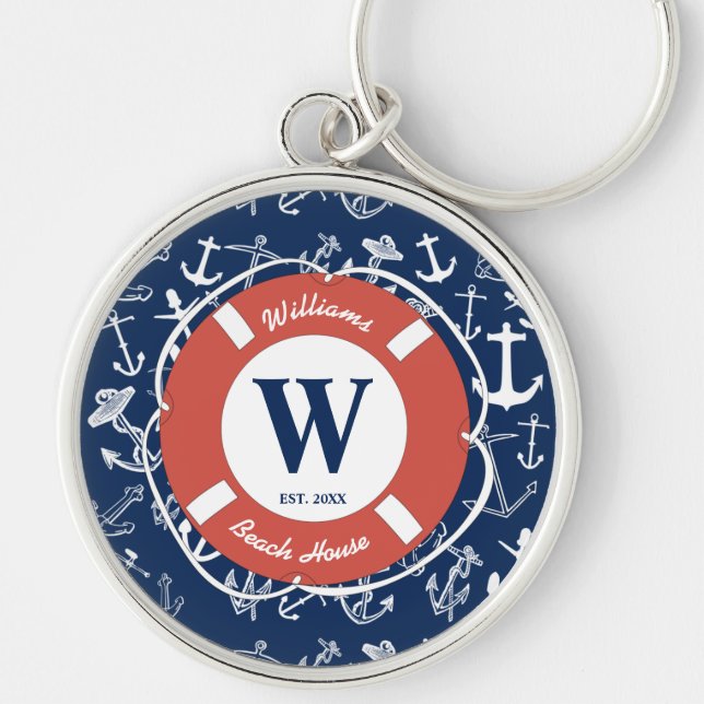 Nautical Monogram Navy Blue Anchor Beach House Key Ring (Front)