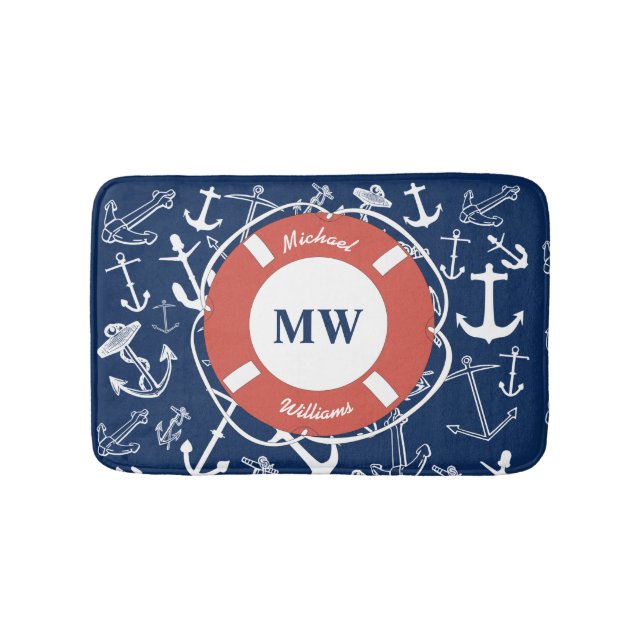 Nautical Monogram Navy Blue Anchor Pattern Bath Mat (Front)