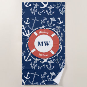 Nautical Monogram Navy Blue Anchor Pattern Beach Towel