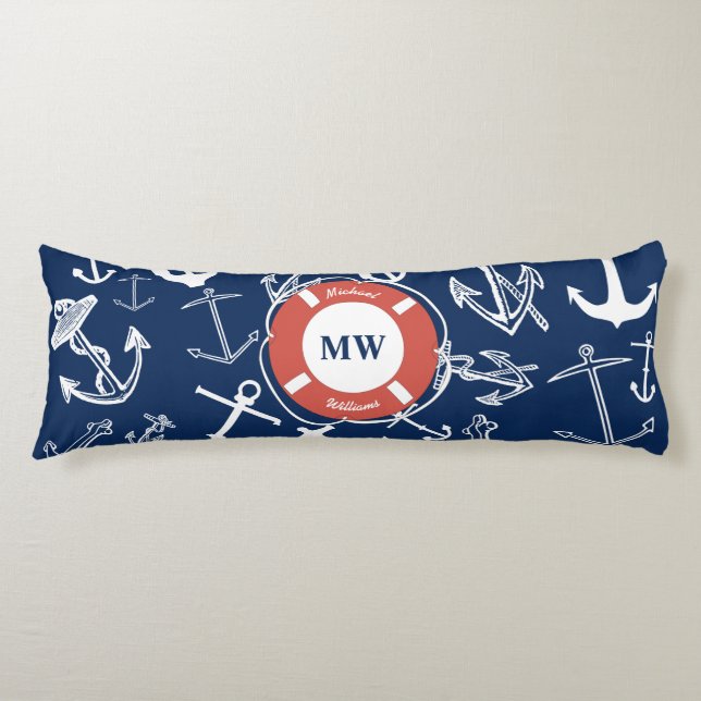 Nautical Monogram Navy Blue Anchor Pattern Body Cushion (Front)