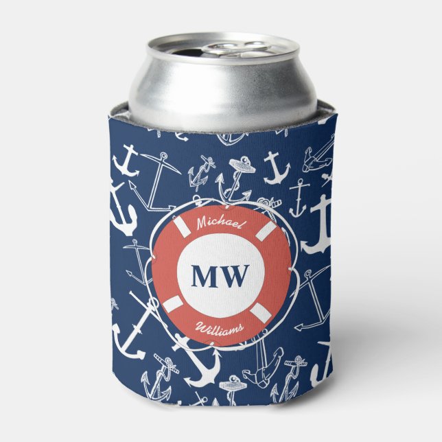 Nautical Monogram Navy Blue Anchor Pattern Can Cooler (Can Front)