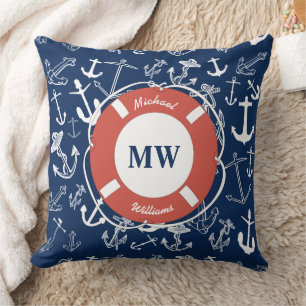 Nautical Monogram Navy Blue Anchor Pattern Cushion