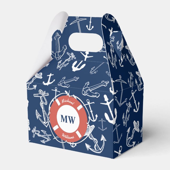Nautical Monogram Navy Blue Anchor Pattern Favour Box (Front Side)