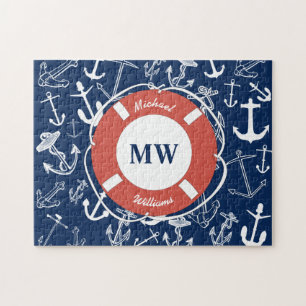 Nautical Monogram Navy Blue Anchor Pattern Jigsaw Puzzle