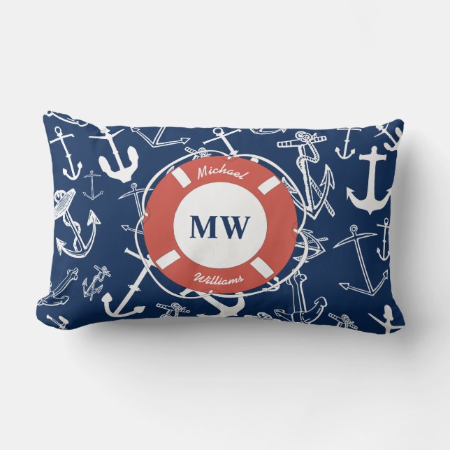 Nautical Monogram Navy Blue Anchor Pattern Lumbar Cushion (Front)
