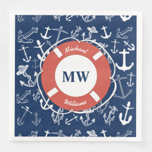 Nautical Monogram Navy Blue Anchor Pattern Napkin