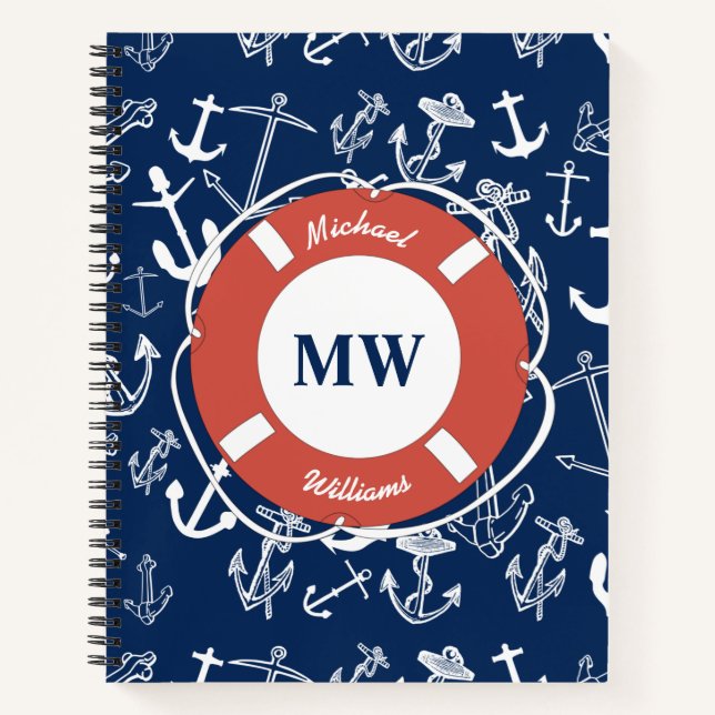 Nautical Monogram Navy Blue Anchor Pattern Notebook (Front)
