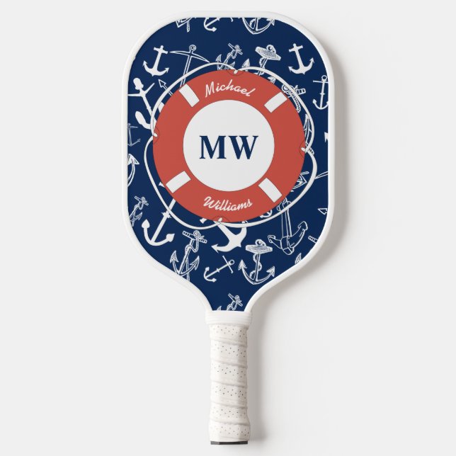 Nautical Monogram Navy Blue Anchor Pattern  Pickleball Paddle (Front)