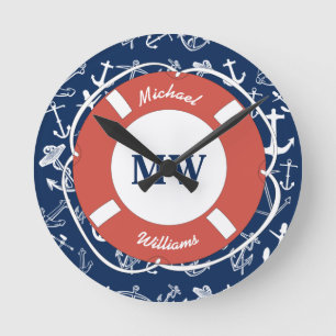 Nautical Monogram Navy Blue Anchor Pattern Round Clock