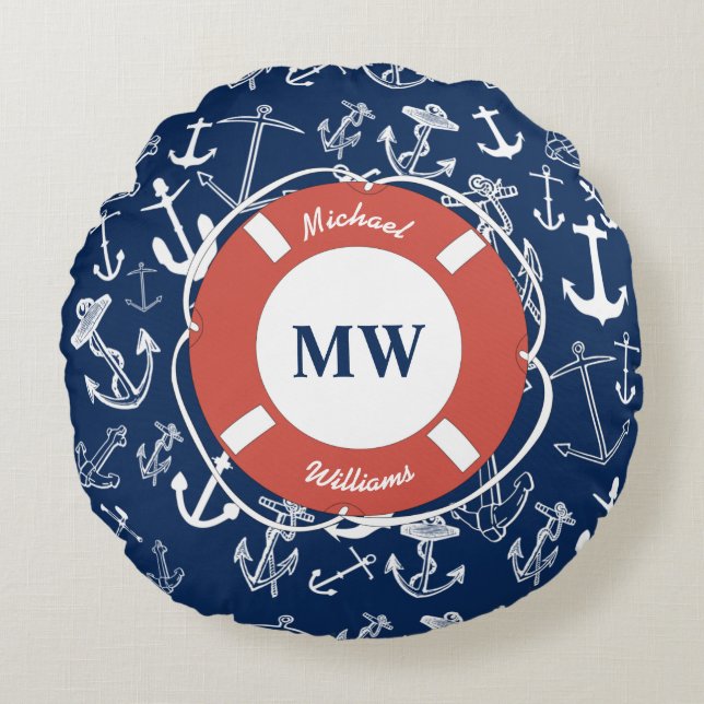 Nautical Monogram Navy Blue Anchor Pattern Round Cushion (Front)