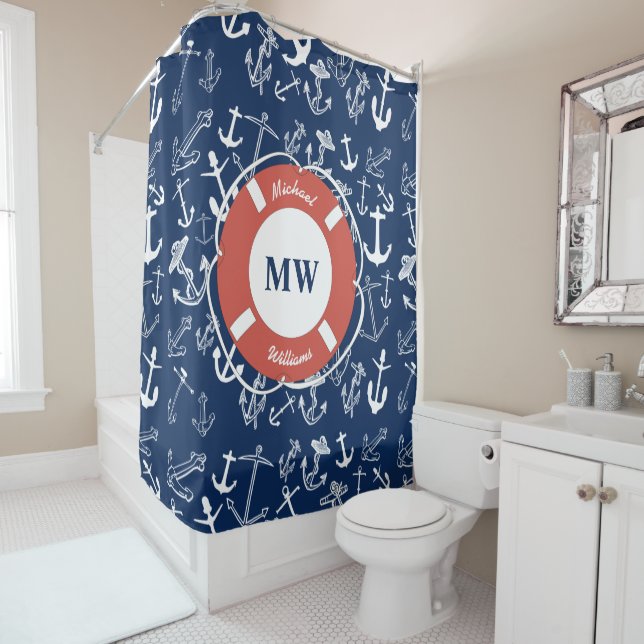 Nautical Monogram Navy Blue Anchor Pattern Shower Curtain (In Situ)