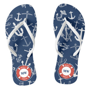 Nautical Monogram Navy Blue Anchor Pattern Thongs