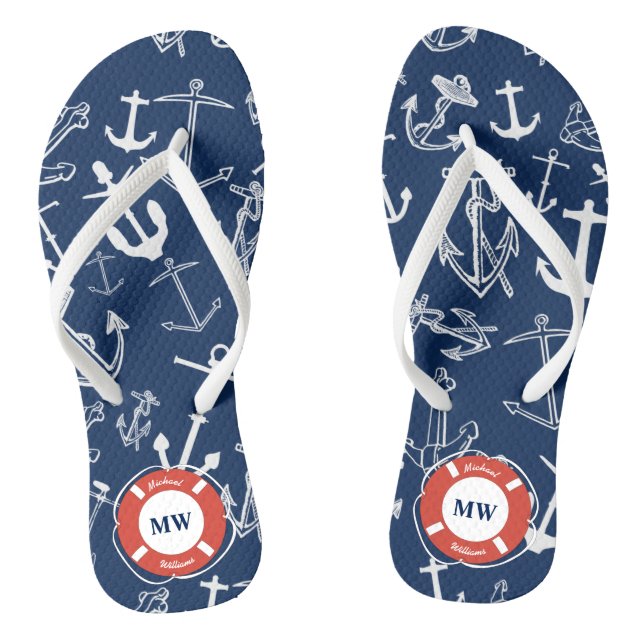 Nautical Monogram Navy Blue Anchor Pattern Thongs (Footbed)
