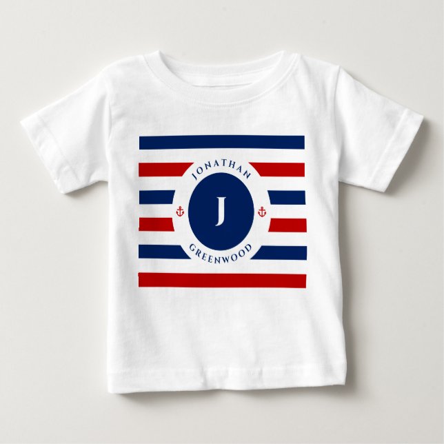 Nautical Monogram Navy Blue Red White Stripes Baby T-Shirt (Front)