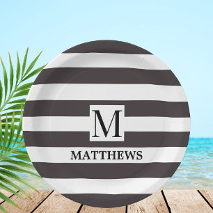 Nautical Monogram Navy Blue Stripes Family Name Paper Plate