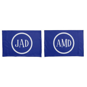 Nautical Monogram Navy Blue White Rope Circle Pillowcase